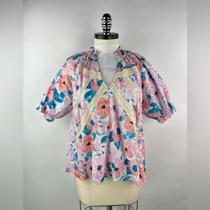 💚 3412. Floral Puff Sleeve V-Neck Blouse